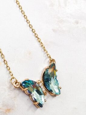 Iridescent Blue Crystal Butterfly Necklace Gold Tone Dainty Flutter Jewelry